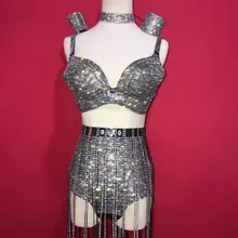 Серебристые Черные Блестящие Кристаллы Женские костюмы для вечеринки в честь Дня Рождения с кисточками сексуальные костюмы Бикини для ночного клуба бара танцевальная одежда для сцены