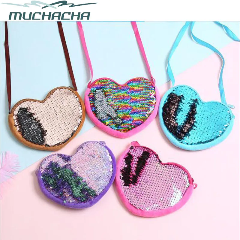 

Dropship Fashion Love Heart Shape Cute Children Sequin Change Wallet Glittering Messenger Shoulder Bag Crossbody Coin Purse Bag