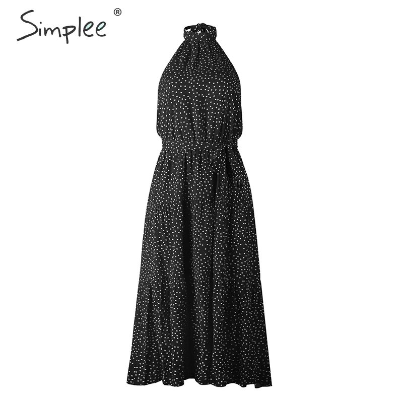 Simplee, сексуальное женское платье в горошек, плюс размер, без рукавов, высокая талия, пояс, макси, бохо, платье, повседневное, праздничное, Пляжное, вечерние, летнее платье - Цвет: Черный