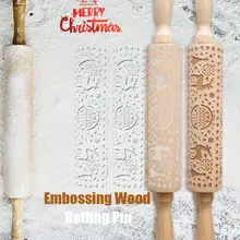 Christmas Rolling Pin Dough Wooden Christmas Embossing Rolling Pin Stick Baking Pastry Tool Christmas Decoration for Home
