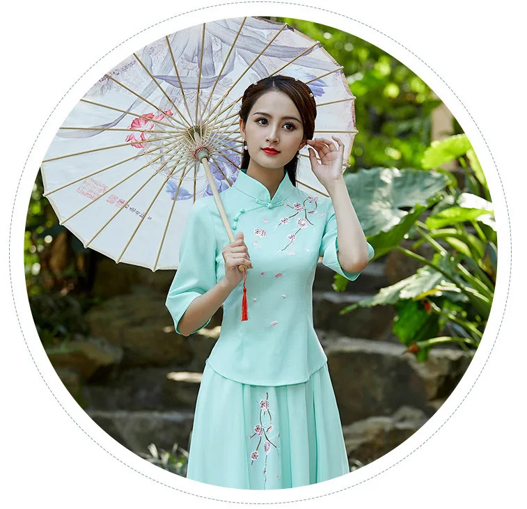 SHENG COCO зеленая китайская блузка с вышивкой Cheongsam топы Женская традиционная одежда в китайском стиле чайный Костюм 4XL плюс размер