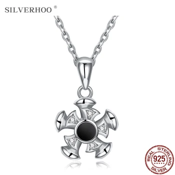 

SILVERHOO 925 Sterling Silver Pendant Necklace For Women Geometry Is Rotatable Austria Crystal Necklace Party Fine Jewelry New