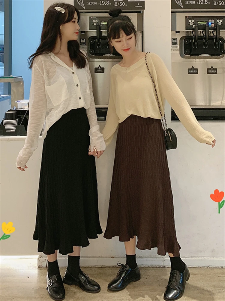 Colorfaith Новинка осень зима женские трикотажные плиссированные оборки однотонные корейские элегантные юбки женские повседневные Модные миди SK8990