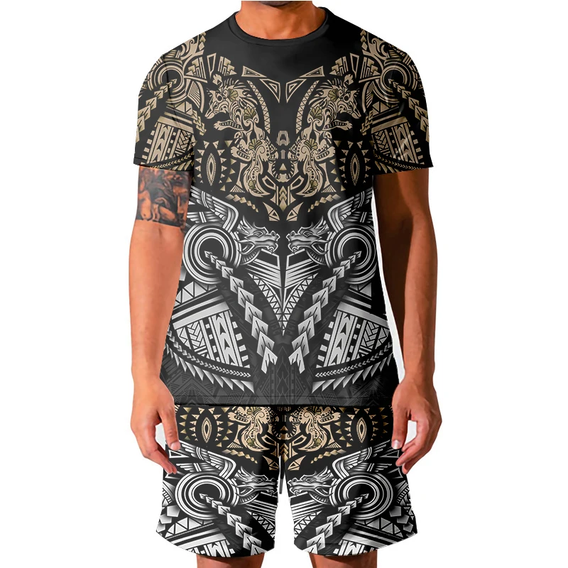 Mens Set Short Sleeve Hawaiian Shirt Shorts Summer Casual Tahiti Polynesia Shirt Beach Two Piece Suit 2021 New Fashion Men Sets