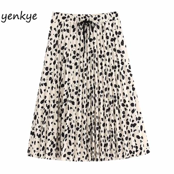 

Vintage Print Pleated Skirts Elegant Women Drawstring Elastic High Waist Midi Skirt BBWM9952