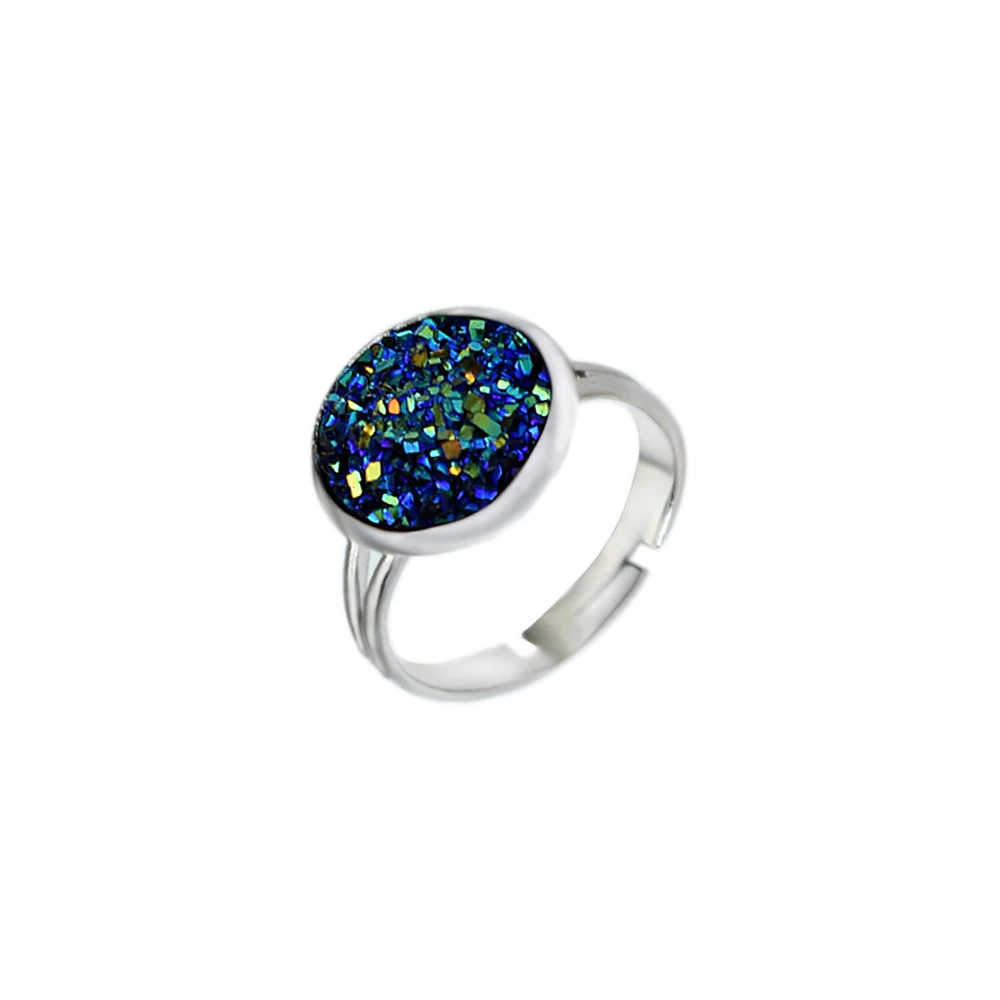 Мода Druzy Камень Кольца для женщин синий зеленый белый круглый смола открытый палец кольцо Свадебная вечеринка серебристый цвет регулируемый ювелирные изделия