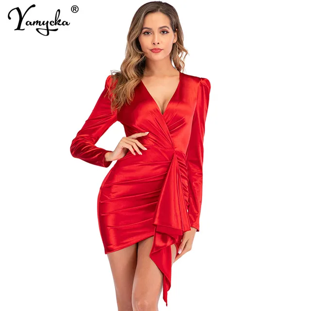 Sexy Red Satin Puff Long sleeve Bodycon Dress women summer Elegant silk autumn club party Dress wrap Fold Mini Dresses Vestidos 4