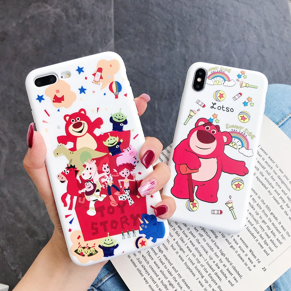 

Cute Cartoon Toy Story Lotso phone Case for iphone X XR XS Max 7 8 6 6s Plus White Candy Strawberry bear tpu soft cover coque