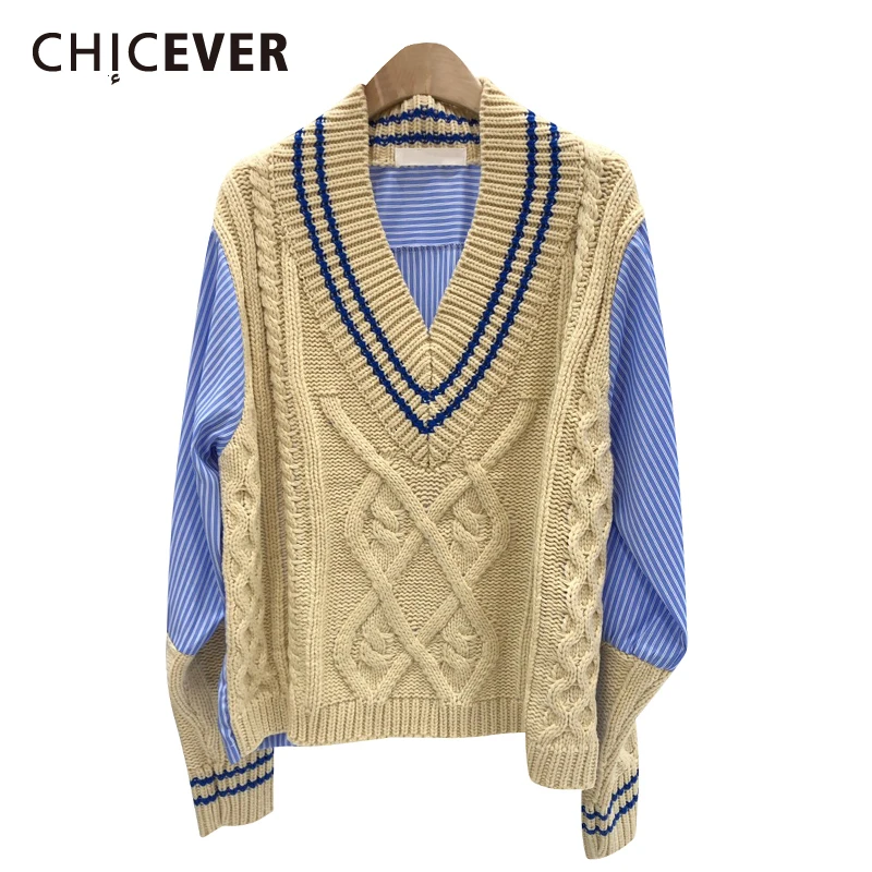 

CHICEVER Patchwork Hit Color Sweater For Women V Neck Long Sleeve Korean Oversized Pullovers Female Fashion Autumn 2020 New