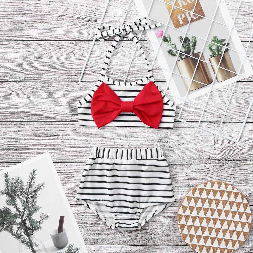 

Sexy baby girls swimsuits Striped Bow Swimsuit Two Piece Set Bathing Suit Bikini Set Swimwear backless L1205