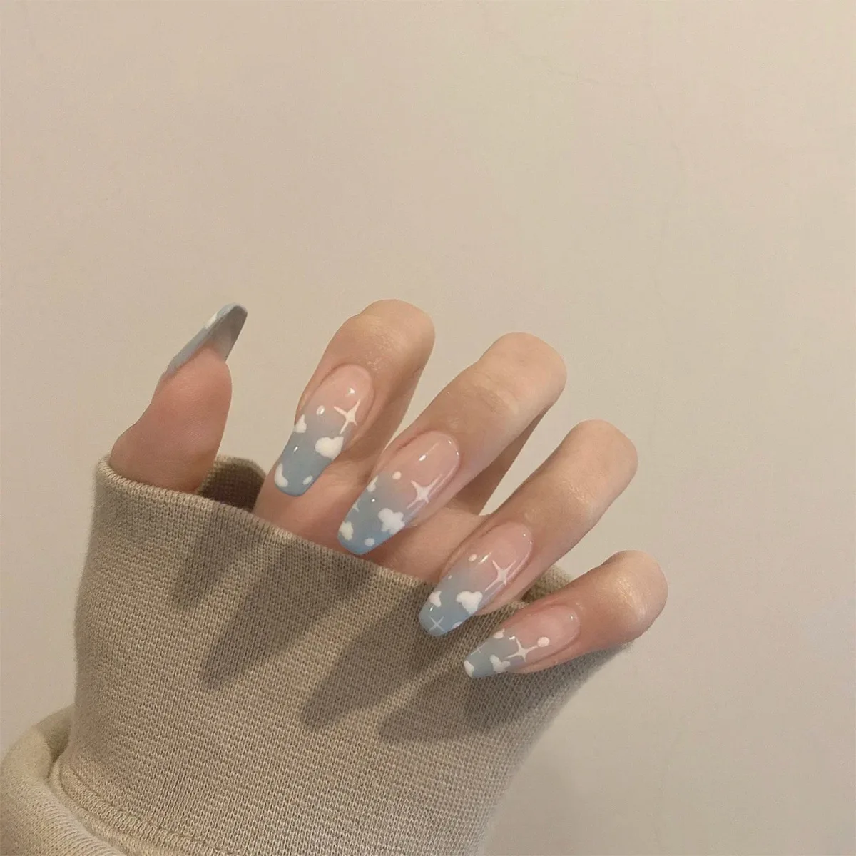 Blue Sky Cloud False Nail Wearing Nail Art Finished Soft Fake Nail Long  Nail Patch 24pcs/box - AliExpress Beauty & Health