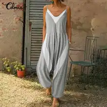 2020 Summer Vintage Casual Romper Women Jumpsuits Celmia Sexy V-neck Sleeveless Casual Loose Patchwork Strap Knitted Playsuits