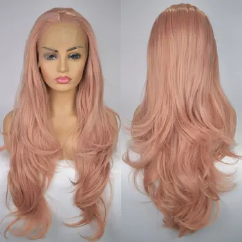 

Bombshell Pink 13 *3 Synthetic Lace Long Natural Wavy Front Mesh Wig Lady Non-Glue High Temperature Fiber Lady Fashion Wig