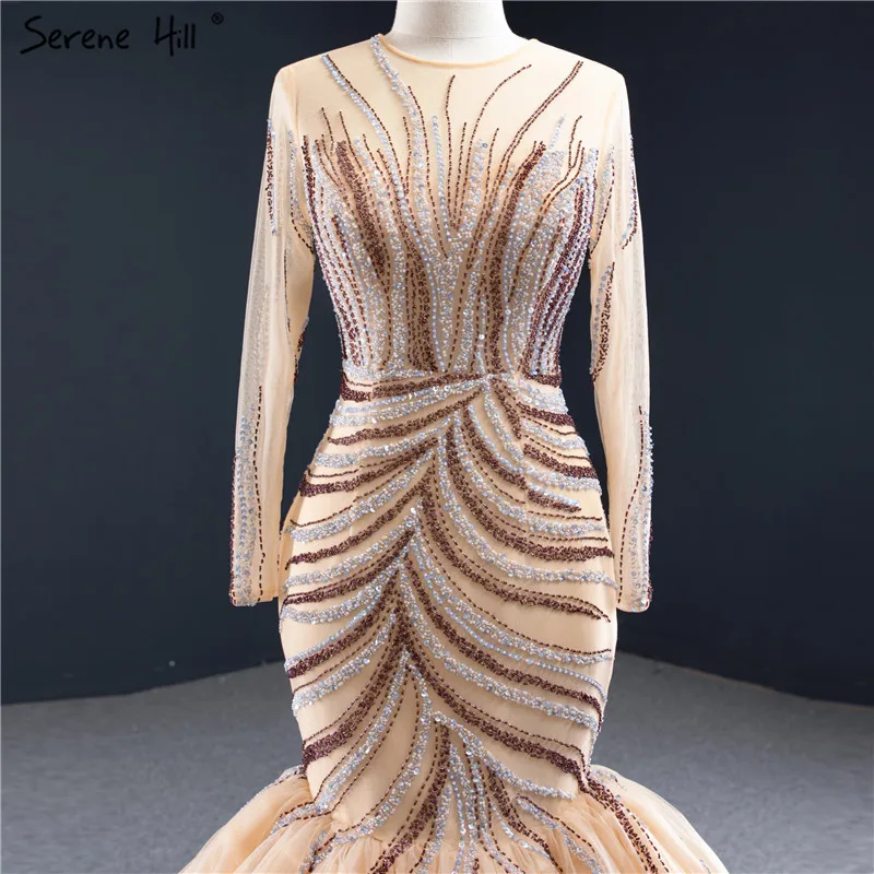 Роскошные свадебные платья в стиле русалки золотого Дубая с длинными рукавами, расшитые пайетками и бисером, свадебные платья Serene Хилл HM66946 на заказ