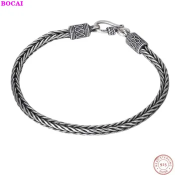 

BOCAI s925 pure silver bracelet retro fashion Thai silver twist weaving square bracelet male silver bracelet personality