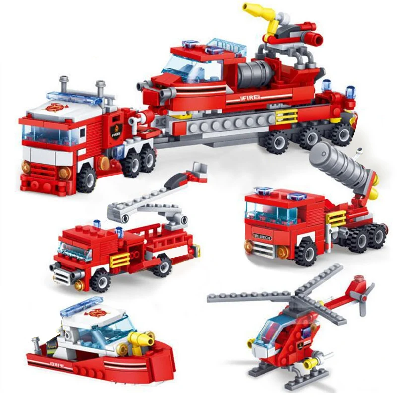 

348pcs 4in1 Fire Fighting Trucks Car Helicopter Boat Building Blocks compatible legoingly City Firefighter Bricks children Toys