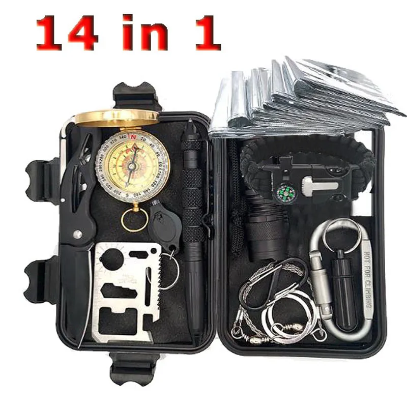 

Survival Kit Set Military Outdoor Tavel Camping Tools Aid Kit Multitool EDC Survival Bracelet Whistle Emergency Blanket Knife