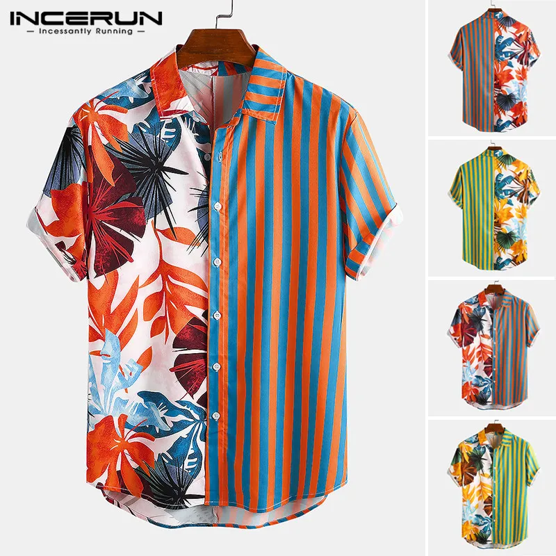 

2020 Fashion Men Ethnic Printed Shirts Short Sleeve Lapel Patchwork Shirt Casual Loose Soft Camisa Summer Hawaiian Holiday Blusa