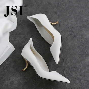 

JSI Shallow Slip-On Women Pumps High Quality Cow Leather Office Wave Design Pointed Toe Shoes Fashion Elegant Solid Pumps JO491