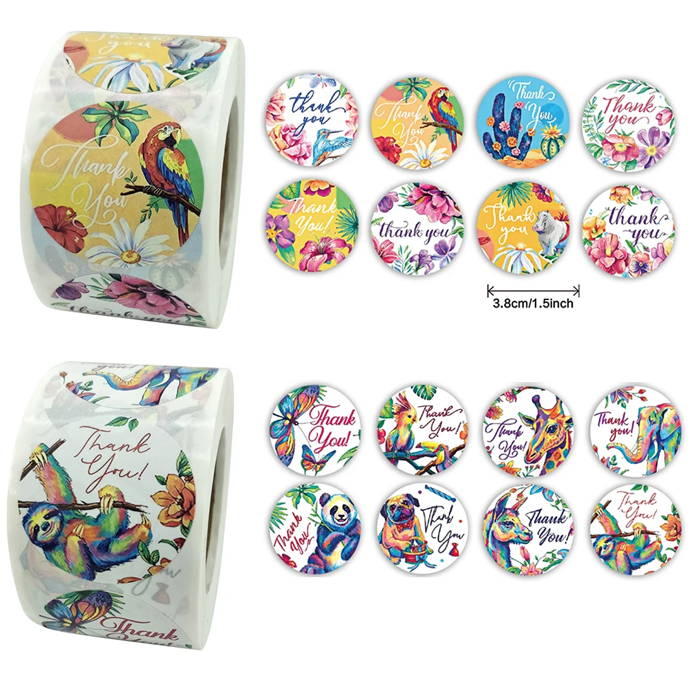 

500pcs Cute Animal Botanical Thank You Stickers 3.8cm Kids Journal Gift Decoration Label Stationery Sticker