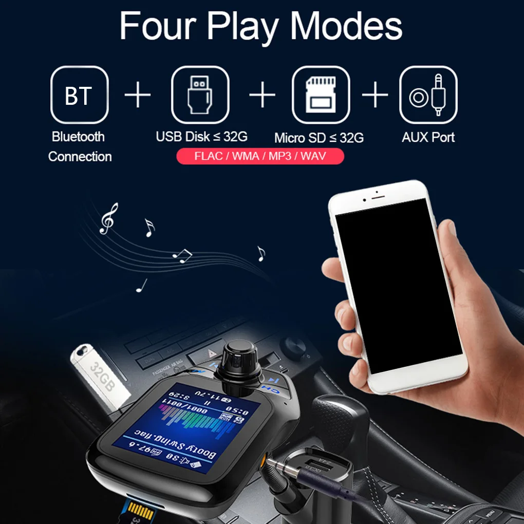 1.8inch TFT Color Display Bluetooth Car Kit Handsfree USB Quick Charge FM Transmitter MP3 Music Player