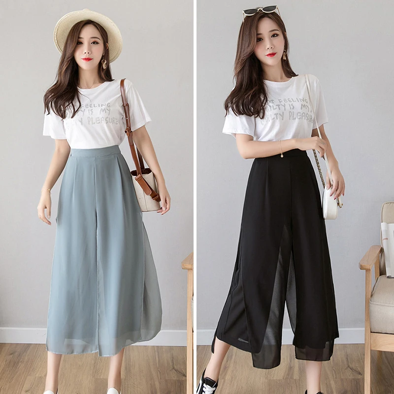 2021 Summer Drape chiffon fake two black wide leg pants female nine points loose trousers Leisure Temperament Vintage Pants 1