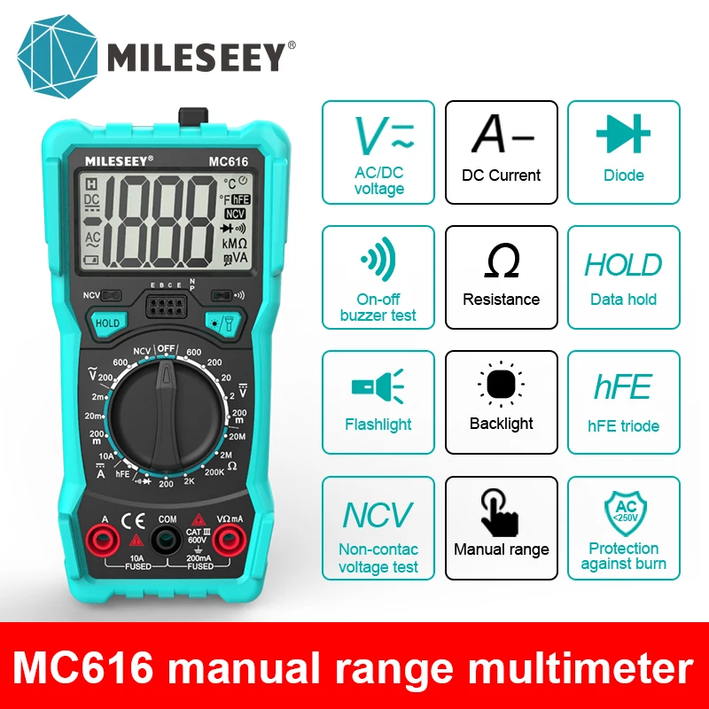 Mileseey NCV MC616 Digital Multimeter Auto Ranging AC/DC voltage meter Back light Large Screen As Electricity Maintenance Tool