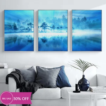 

Christmas Decoration Canvas Painting Posters on The Wall Blue Forest Landscape Wall Art Picture Home Decor