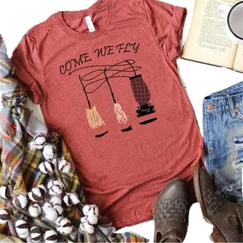 

Come We Fly Letter Print Halloween Women T shirt Cute Mop Barn Lantern Graphic Tshirts Causal Harajuku Vintage Ladies Vogue Tops