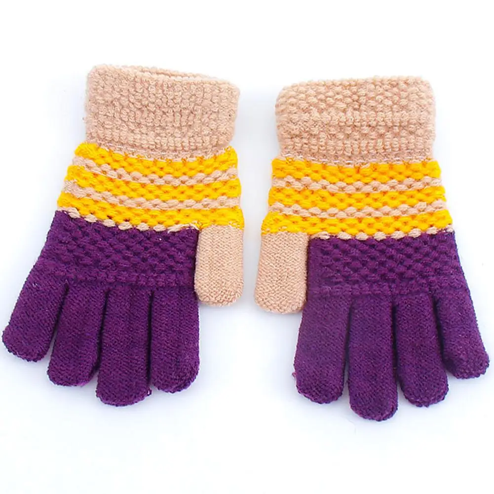 Yellow purple Яркие цвета, детские перчатки для мальчиков и девочек, осенне-зимние теплые плотные полосатые вязаные перчатки для студентов, подарки на день рождения - Цвет: Yellow purple
