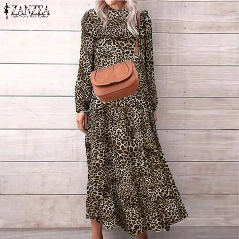 

Spring Leopard Dress ZANZEA Fashion Bohemian Printed Party Sundress Women Long Sleeve Beach Ruffles Long Maxi Vestidos Kaftan 7