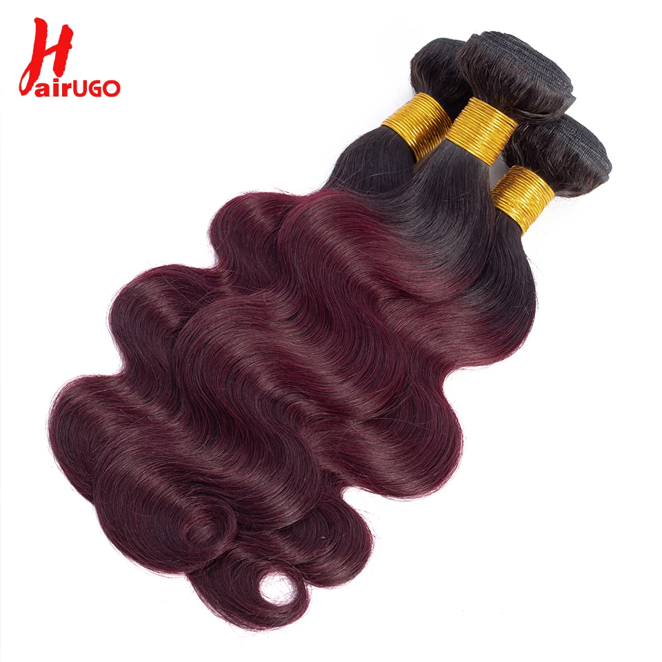 Бразильские волнистые волосы HairUGo пряди с закрытием Ombre 1B/99J бордовые