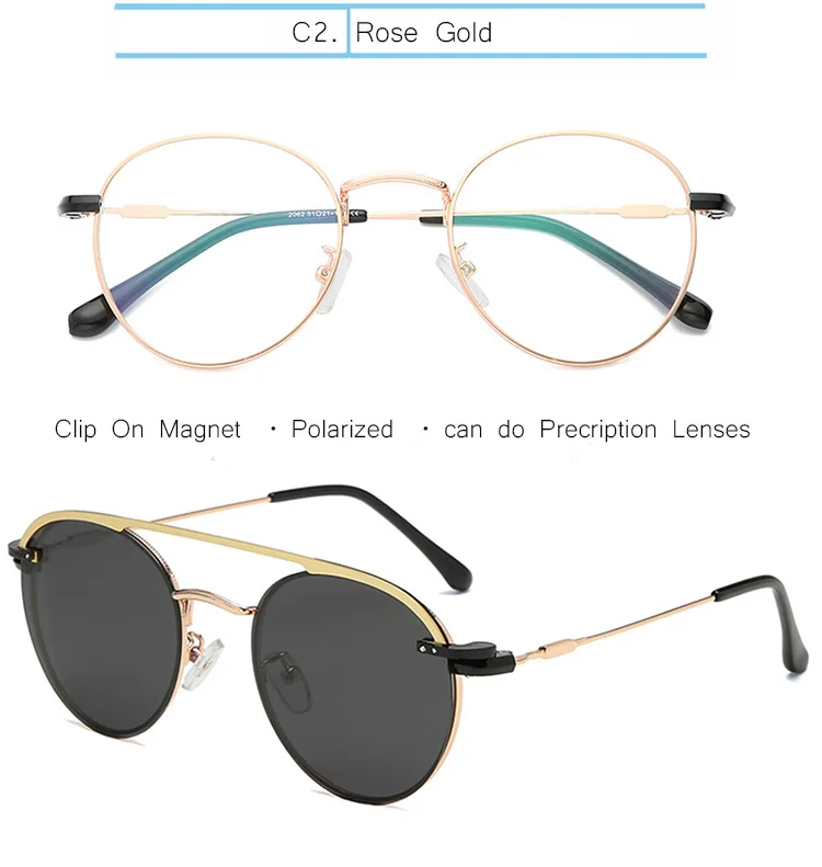 P-2062-2-Rose Gold IVSTA очки на застежке, мужские солнцезащитные очки на застежке, женские магнитные солнцезащитные очки, близорукость, круглые металлические оптические очки, оправа по рецепту - Цвет линз: P-2062-2-Rose Gold