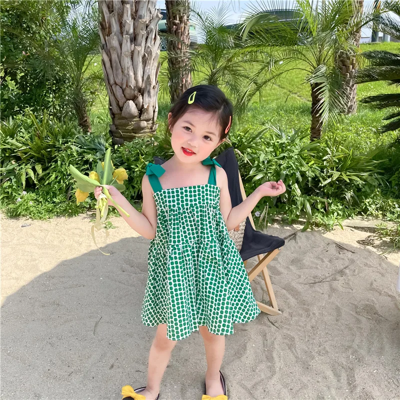 best baby dresses 2021 Summer Korean Girl Small Fresh Green Irregular Polka Dot Cotton Sling Skirt Lace Princess Dress best baby dresses