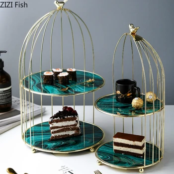

Creative Bird Cage Shape Wedding Cake Stand Two Floors Metal Cakes Plate Birthday Party Cake Tray Dessert Snack Rack
