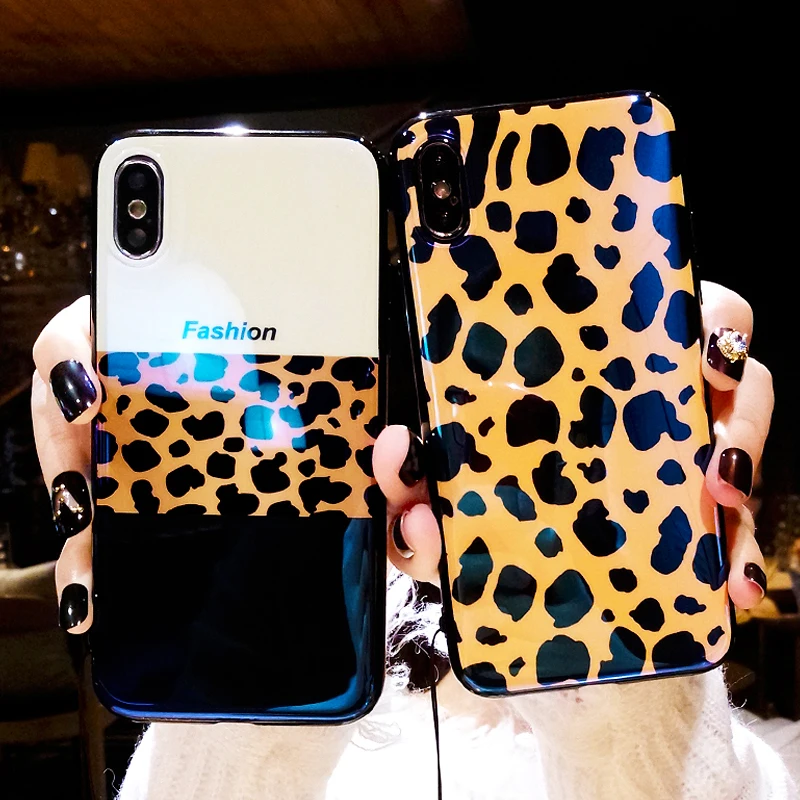 

Luxury Leopard Print Blu-ray Case For iPhone X XR XS Max Silicone Cover Fashion Leopard Laser Thin Soft IMD Glossy Phone Cases