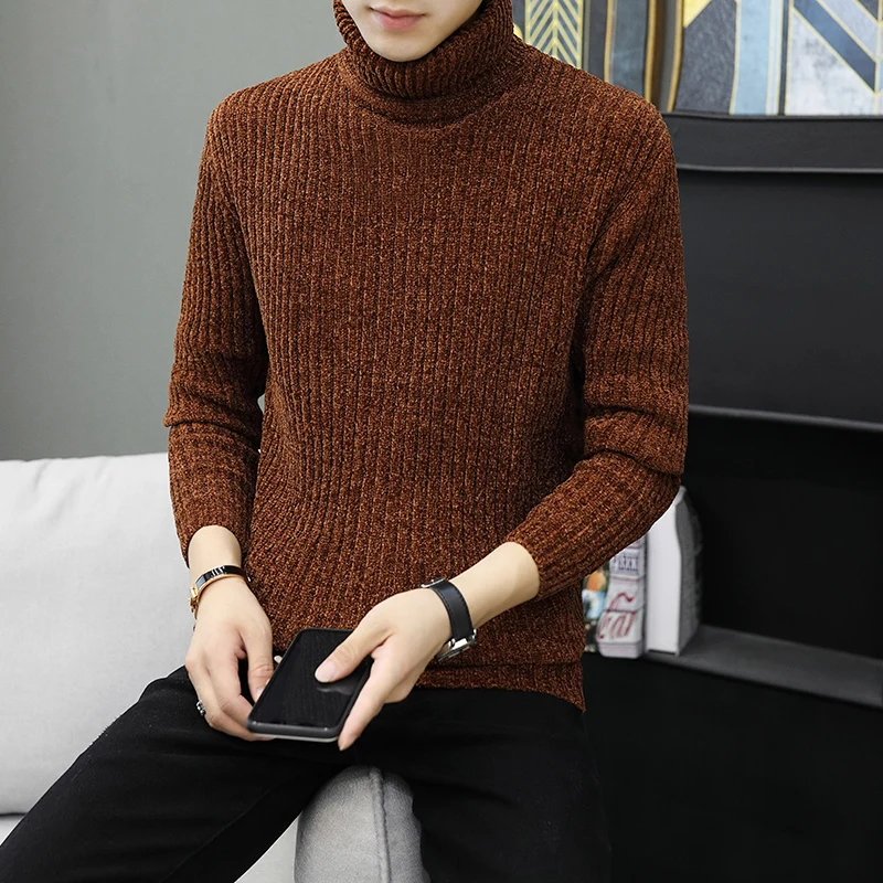 High Quality Warm Turtleneck Sweater Men Fashion Solid Knitted Mens Sweaters Casual Slim Pullover Male Double Collar Tops