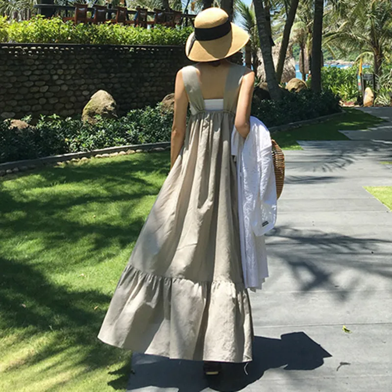 

Cotton Linen Dress Korean-style over-the-Knee Long Loose And Plus-sized Flounced Sleeveless Strapped Dress Casual Students Suspe