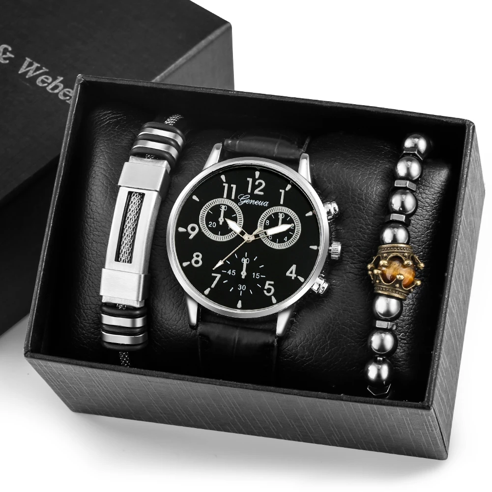 

2023 New Fashion Gift Set Men's Quartz Leather Watch 2 Elastic Bracelets Exquisite Valentine's Day Gifts Box Kit for Boyfriend
