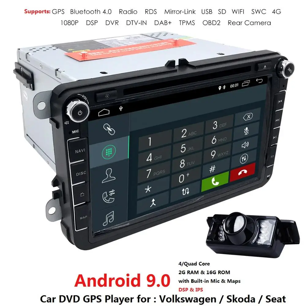 Perfect Android 9.0 HD1024*600 CarDVD Player Radio For VW Polo Jetta Tiguan passat b6 cc fabia 4GWIFI GPS Navigation HeadUnit 2din 2GRAM 0