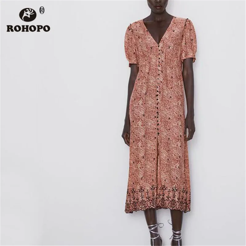 ROHOPO, винтажное красное платье миди, Осеннее, женское, с принтом, топ, пуговицы, с оборками, на плече, Ретро стиль, ТРАПЕЦИЕВИДНОЕ ПЛАТЬЕ, Vestido#2193
