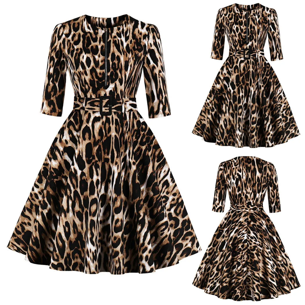 JAYCOSIN Leopard Print Dress Women Vintage Dress Half Sleeve Zipper O-neck Ball Gown Sexy Party Dress Vestidos de fiesta