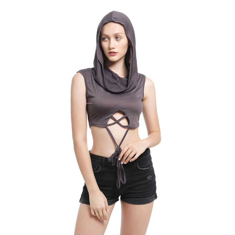 Summer Solid Color Sleeveless Hollow Out Lace Up Hooded Short Vest Exposed Women Sexy Tank Tops Solid Color Casual Tank