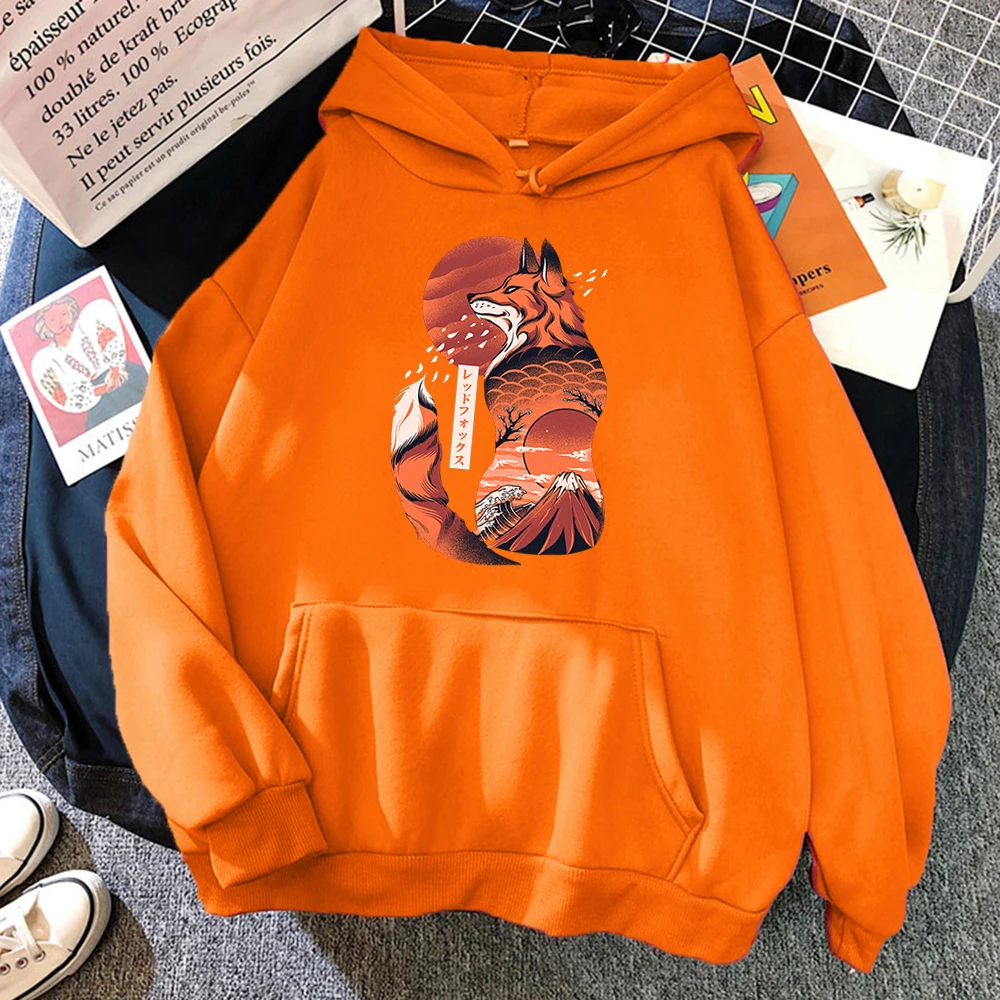 Men's Hoodie Anime Cartoons Japanese Fox Ukiyo E Print Clothes Autumn Warm Thicken Hooded Pullover Sweatshirt Harajuku | Мужская