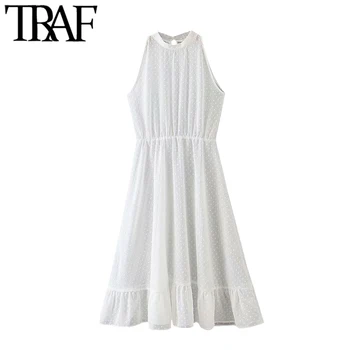

TRAF Women Sexy Fashion See Through Dot Chiffon Midi Dress Vintage O Neck Sleeveless Female Dresses Vestidos Mujer