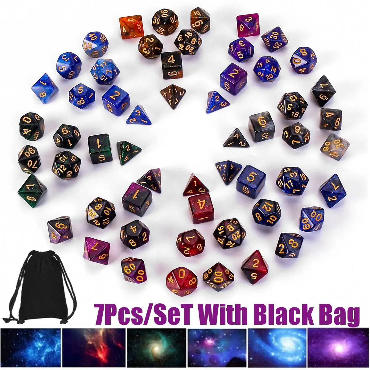 

2020 New Arrival Nebula Dice Set Polyhedral Dice 7pcs/set with Black Drawstring Bag for Tabletop RPGs Games 8 Colors