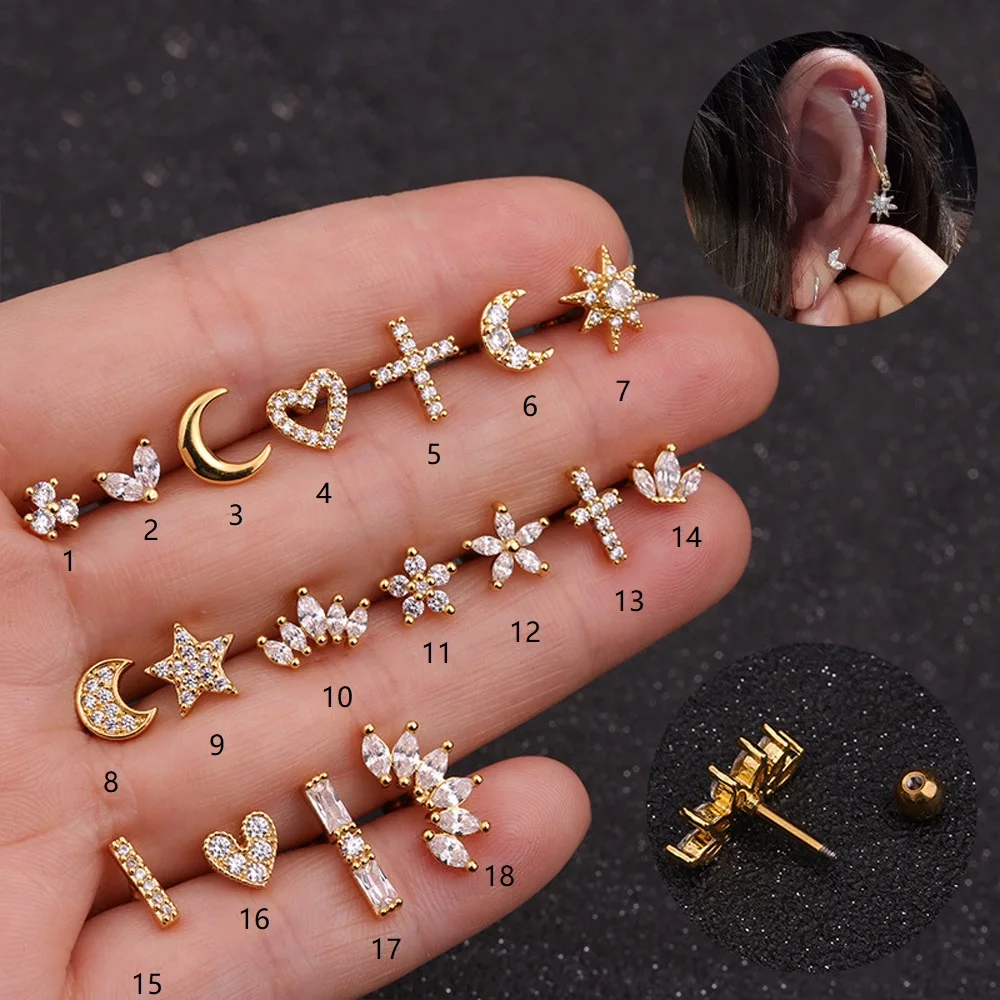 

Silver And Gold Color CZ Cartilage Stud Piercing Moon Star Cartilage Earring Conch Tragus Stud Helix Cartilage Piercing Jewelry