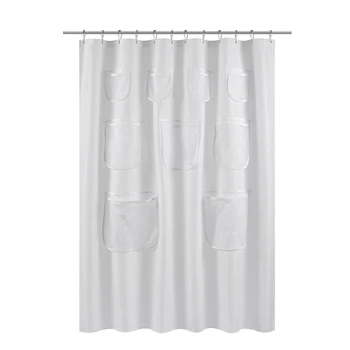 

Water-Repellent Fabric Shower Curtain or Liner with 9 Handy Mesh Pockets White, Odorless, Washable and Rust Proof Grommets