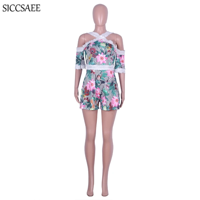 Floral Printed Playsuits For Women Backless Sexy One Piece Bodysuit Lace Crochet Off Shoulder Halter Jumpsuits Shorts Striped