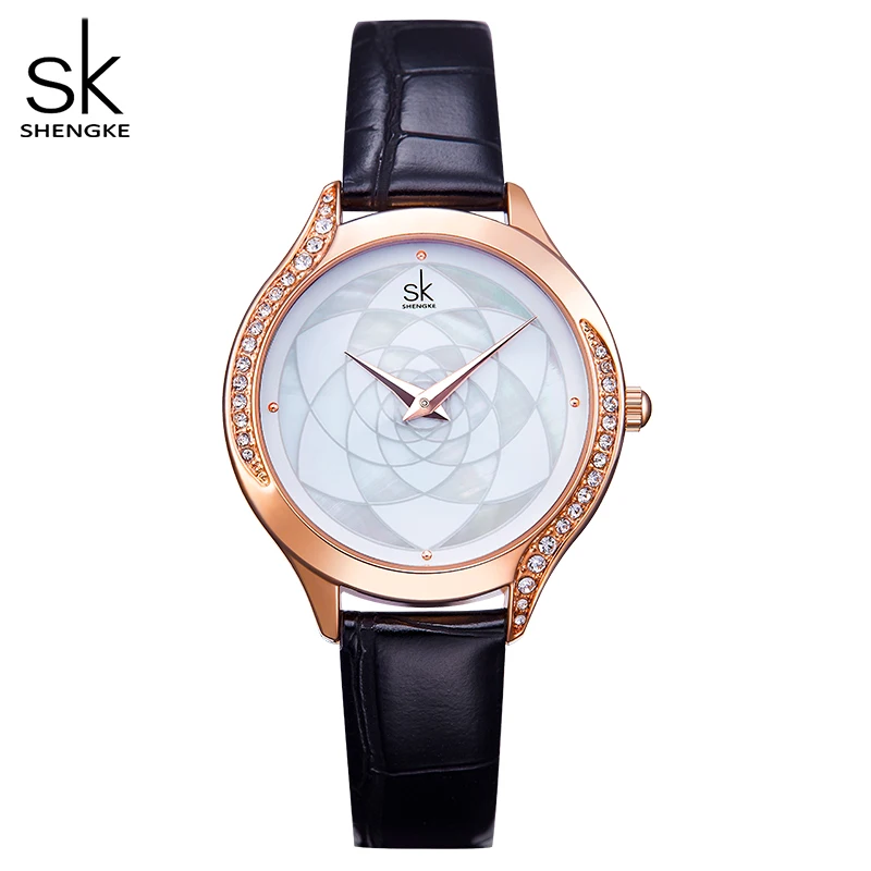 ShengKe Брендовые женские часы Кожа Кварцевые водонепроницаемые женские наручные часы Дамская мода кристалл циферблат часы Reloj Mujer подарок - Цвет: black
